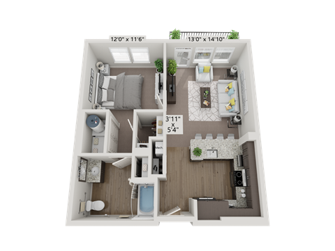 Floor plan for 1 bed, 1 bath, 678 sqft